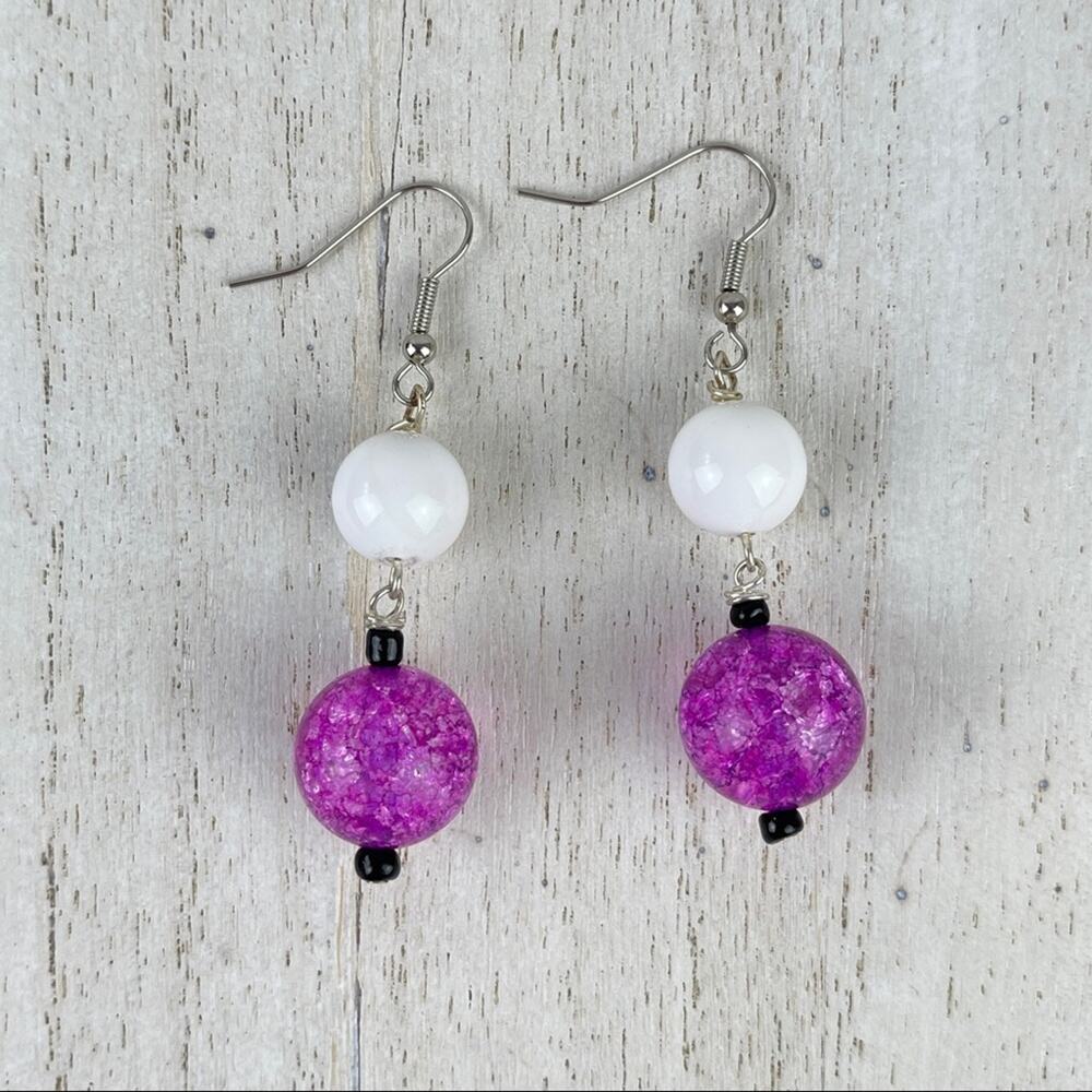 Crackle Glass Bead Earrings Magenta & White Porcelain Beads Boho Arty Festival